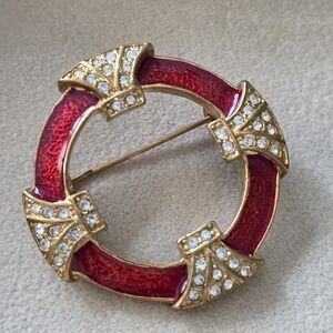 Elegant Gold and Red Roman Enameled Brooch with Crystal Accents Vintage